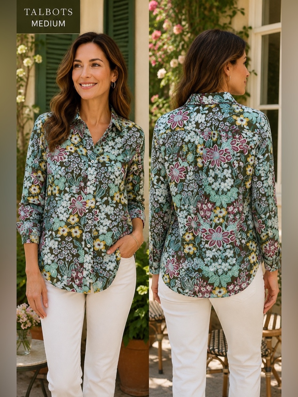 Talbots Women’s Medium Floral Button Front Blouse Cottagecore green lightweight